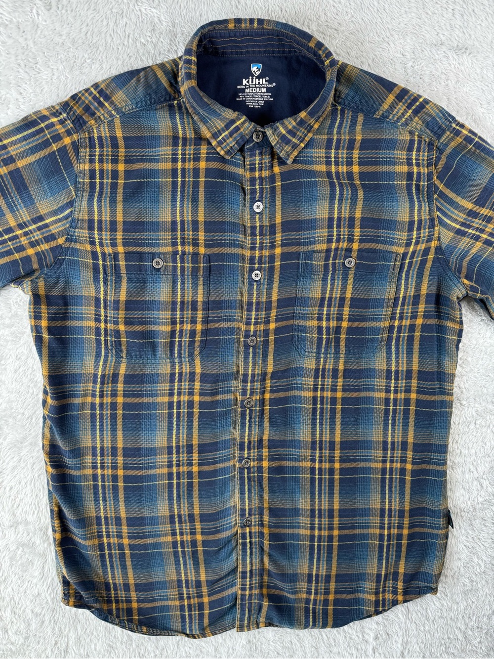 Kuhl Flannel Shirt‎ Medium Blue Yellow Plaid Button Up Outdoor Hiking - Picture 3 of 11